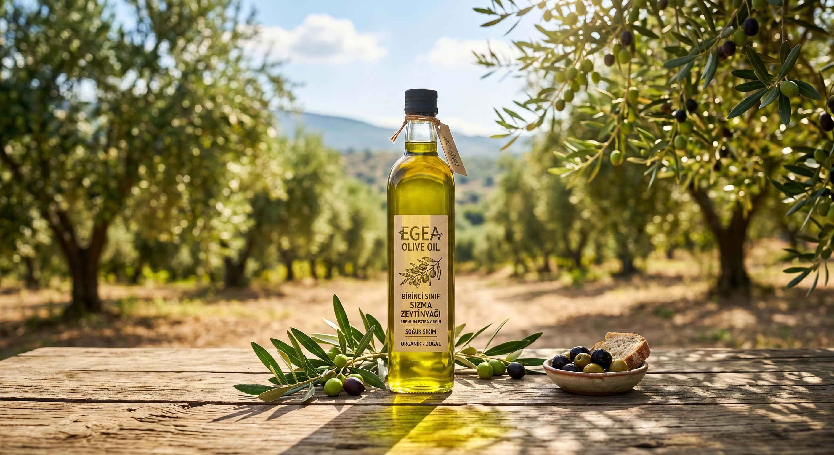 Ege bölgesinin güneşli bir zeytin bahçesinde, rustik ahşap bir masa üzerinde duran birinci sınıf sızma zeytinyağı şişesi. Güneş ışığı masaya sıcak bir yansıma yapıyor. Organik gıda markaları için doğal ve aydınlık ürün fotoğrafı.