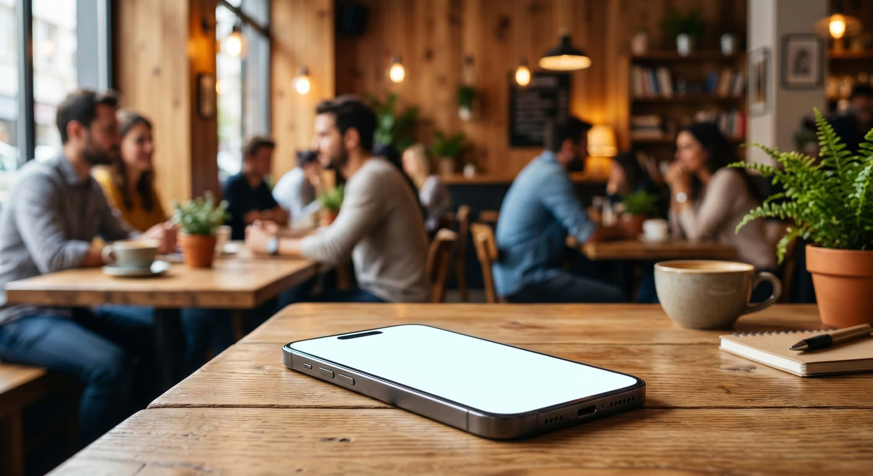 Şık bir ahşap kafede, masanın üzerinde duran ve ekranı tamamen bembeyaz ışık saçan modern bir akıllı telefon. Profesyonel bir mobil ekran şablonu (mockup).