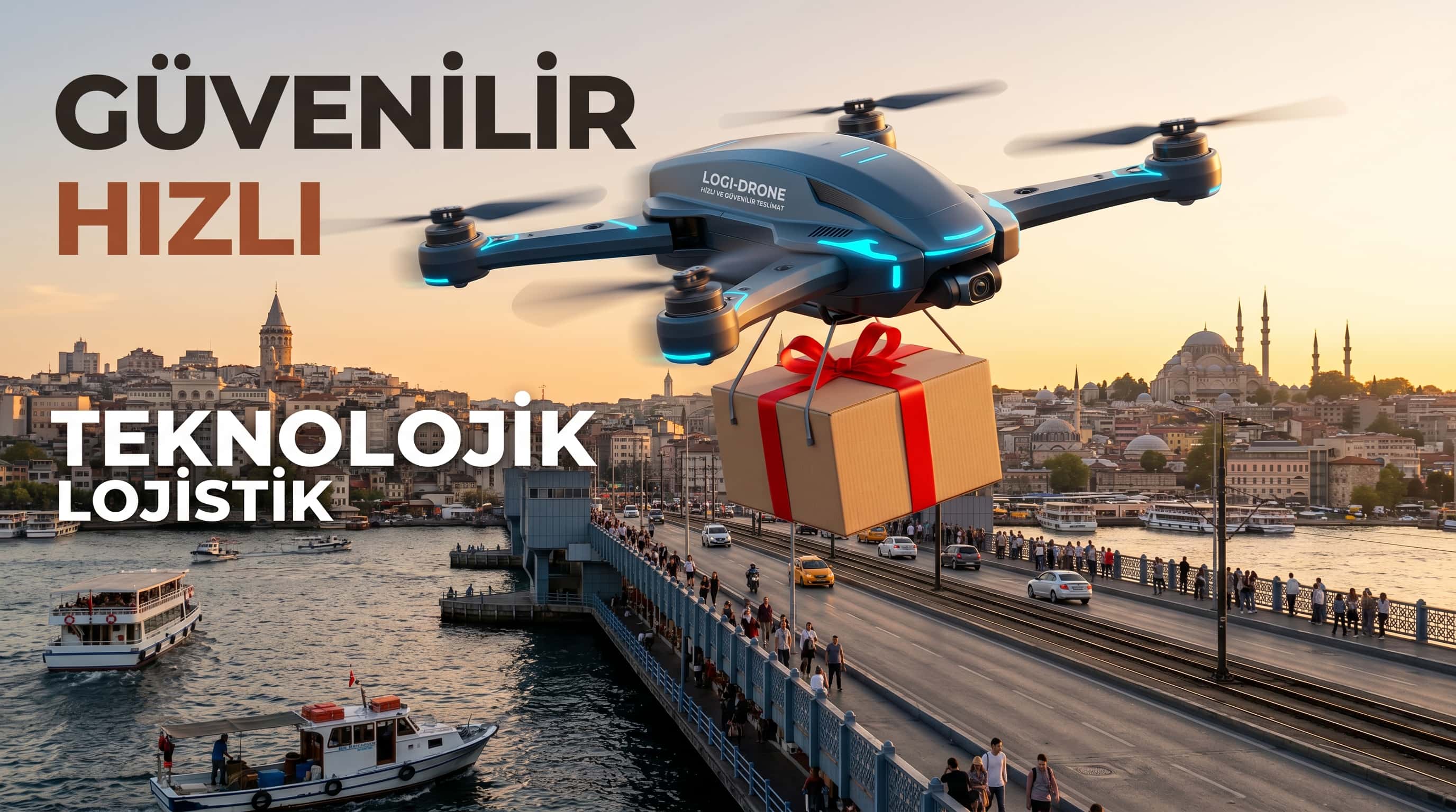 Gün batımının altın saatlerinde Galata Köprüsü'nün üzerinden hızla uçan aerodinamik ve fütüristik bir teslimat dronu. Altında kırmızı kurdeleyle sarılmış bir kargo paketi asılı. Ticari reklam görseli.
