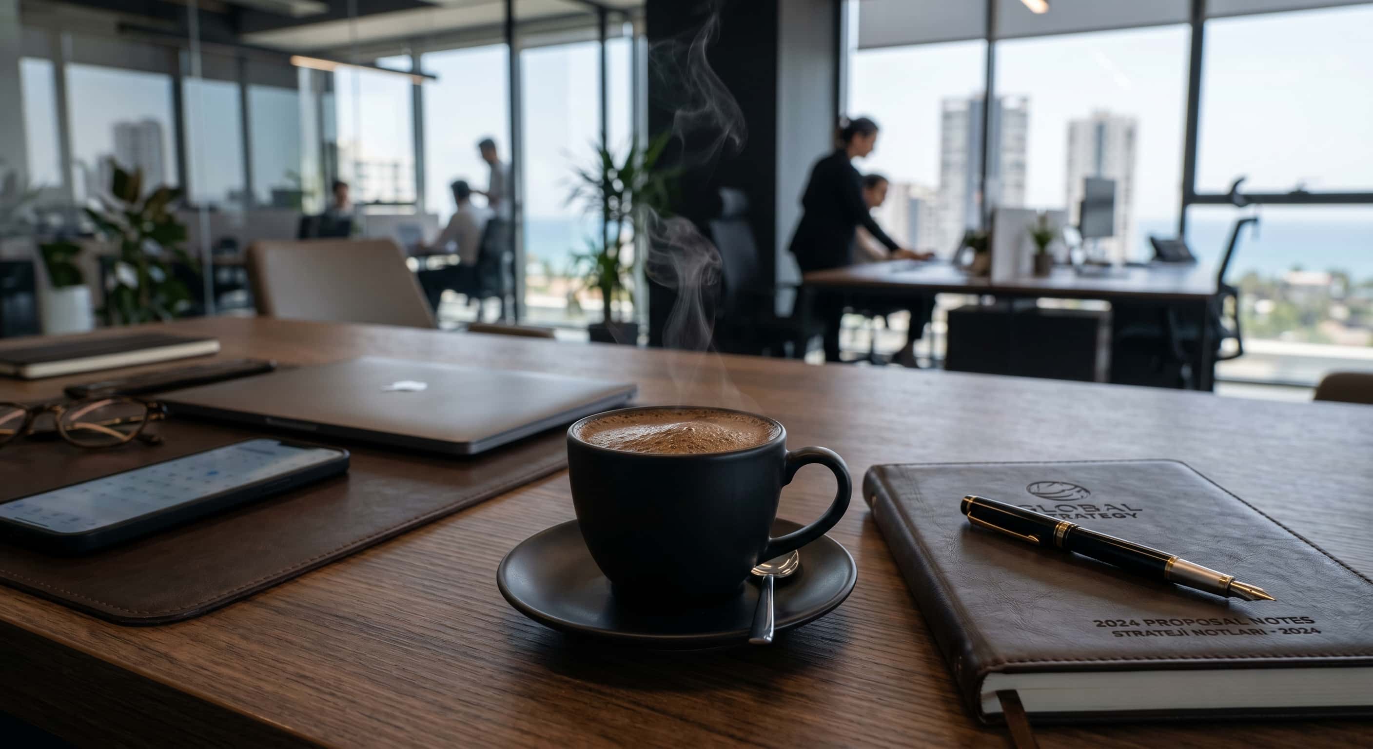 Modern ve şık bir ofis masasının üzerinde duran mat siyah fincanda köpüklü bir Türk kahvesi. Fincanın yanında kaliteli deri kaplı not defteri ve şık bir dolma kalem. Profesyonel ve ciddi bir kurumsal yaşam tarzı fotoğrafı.