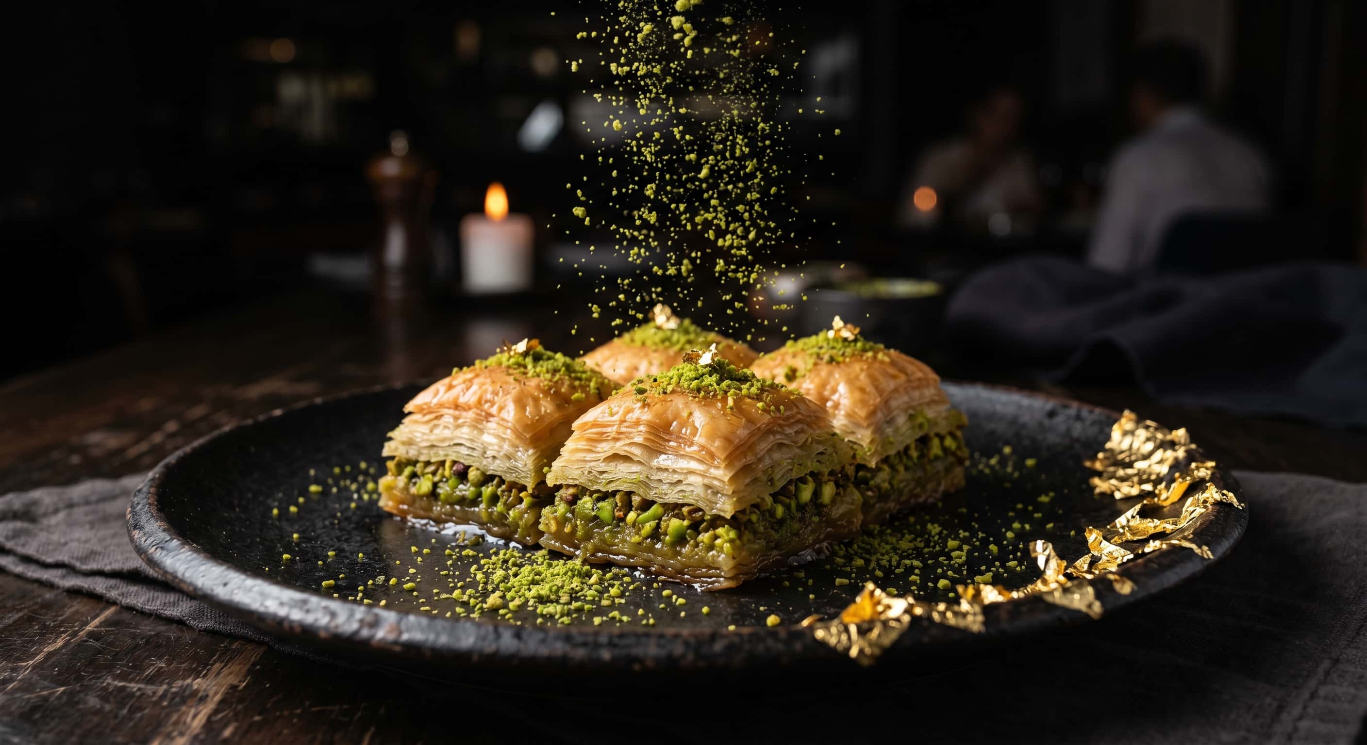 Siyah, mat ve rustik bir tabakta sunulan gurme bir baklava porsiyonu. Baklavanın katmanları hafifçe ayrılmış, üzerinden dökülen parlak yeşil fıstık tozu havada asılı kalmış. Sinematik ve iştah açıcı Michelin yıldızlı restoran menü fotoğrafı.