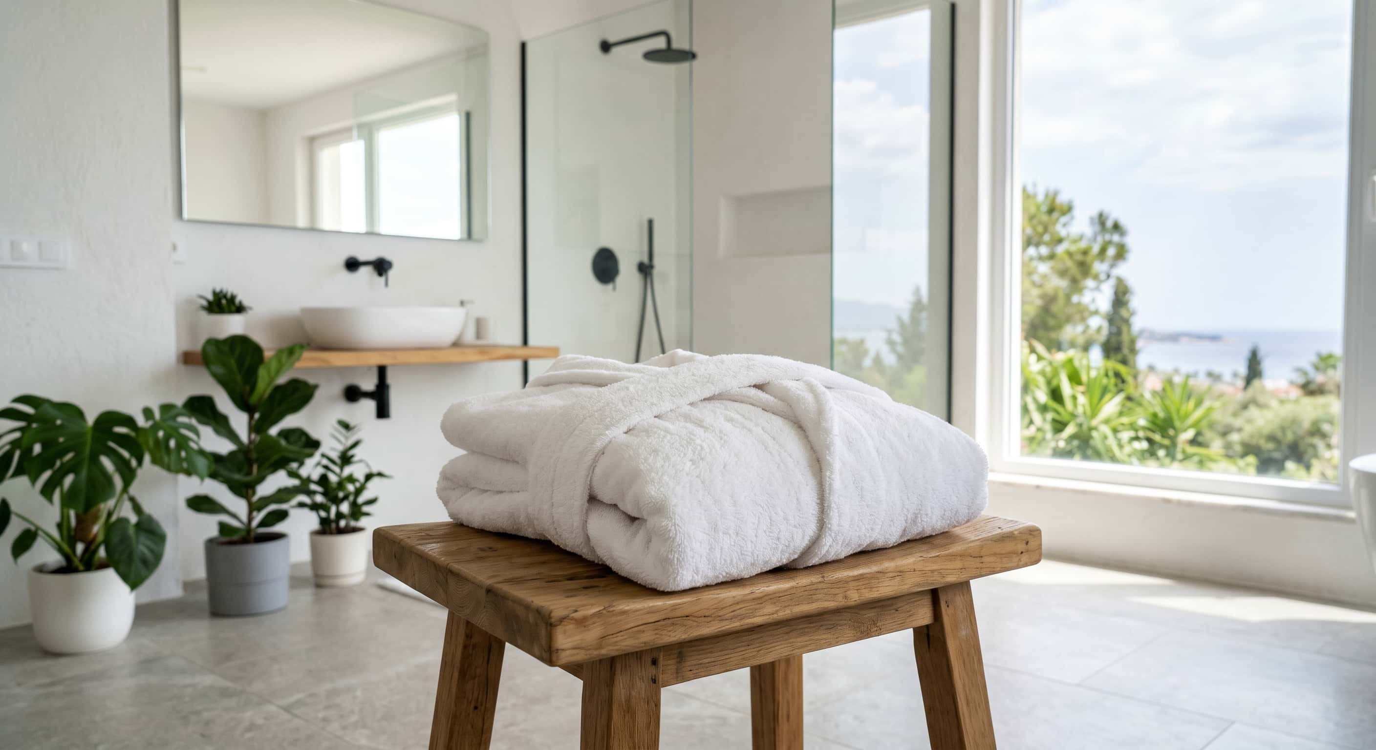 Aydınlık, minimalist ve ferah bir banyo ortamında, ahşap bir tabure üzerine düzgünce katlanmış Denizli pamuğu beyaz bir bornoz. Kumaşın kalın, yumuşak ve emici havlu dokusu makro lens ile çok net yakalanmış.