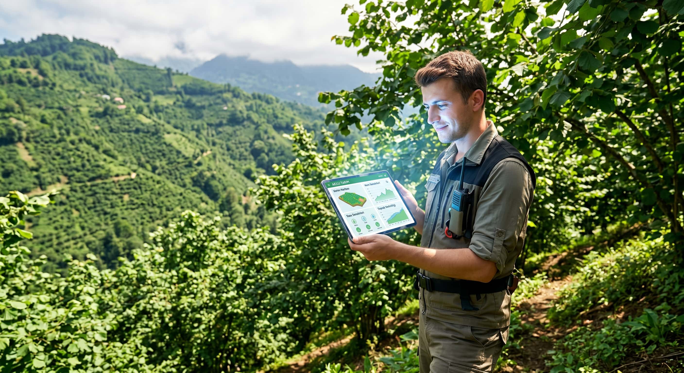 Karadeniz bölgesindeki yemyeşil ve dik bir fındık bahçesinde duran, elinde modern bir tablet tutan genç bir çiftçi. Tarımda teknolojinin ve verinin kullanımını anlatan, iyimser ve profesyonel bir tarım-teknoloji fotoğrafı.